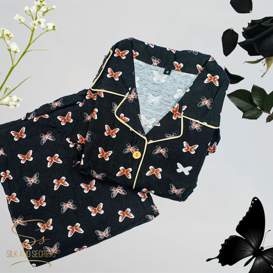 Black Butterfly Print Button-Down Nightwear Pajama Set