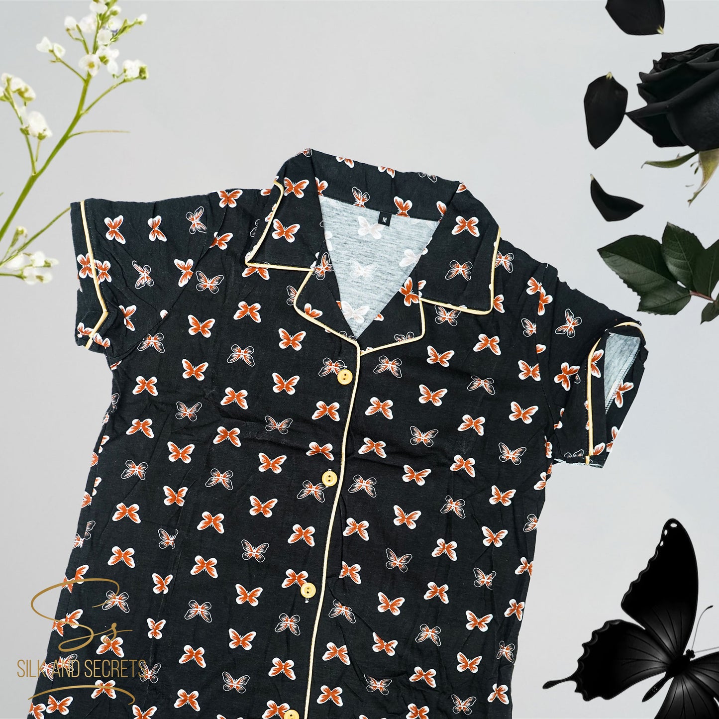 Black Butterfly Print Button-Down Nightwear Pajama Set