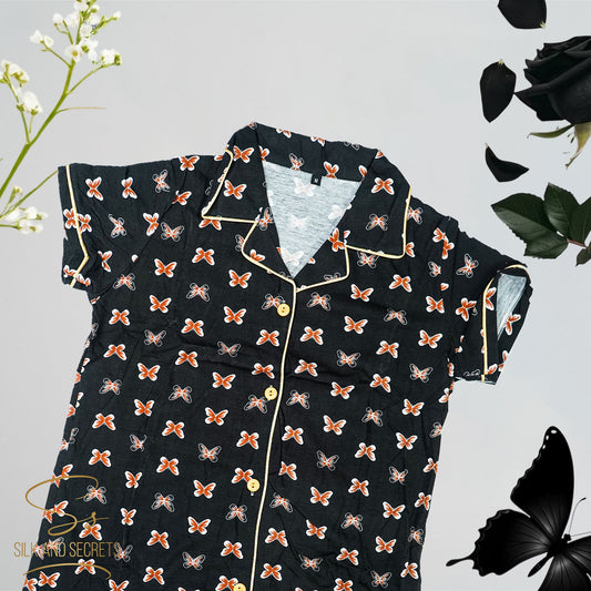 Black Butterfly Print Button-Down Nightwear Pajama Set