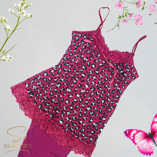 Lace Trimmed Leopard Print Nighty Set