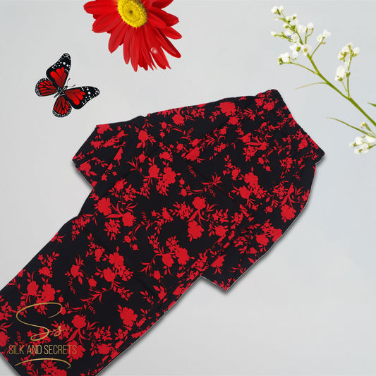 Floral Elegance Black & Red Nightwear Set