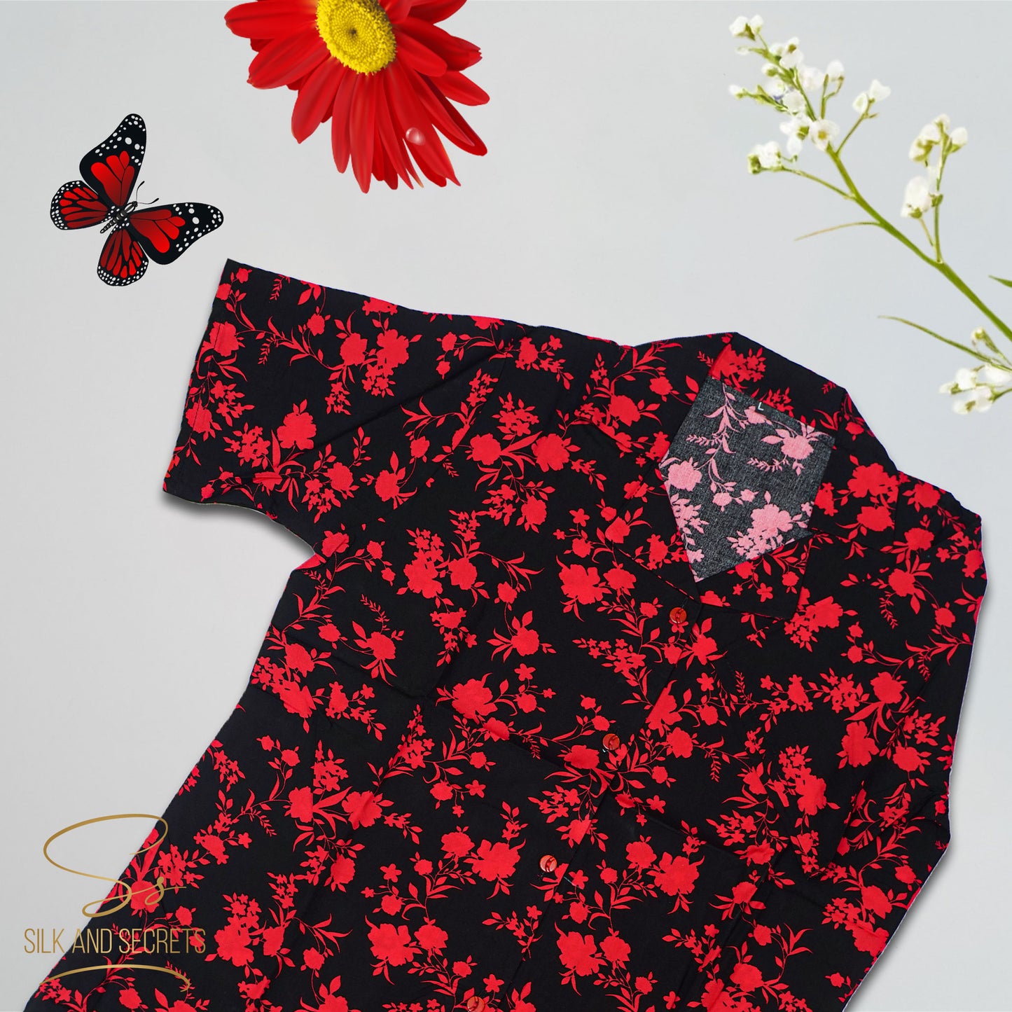Floral Elegance Black & Red Nightwear Set