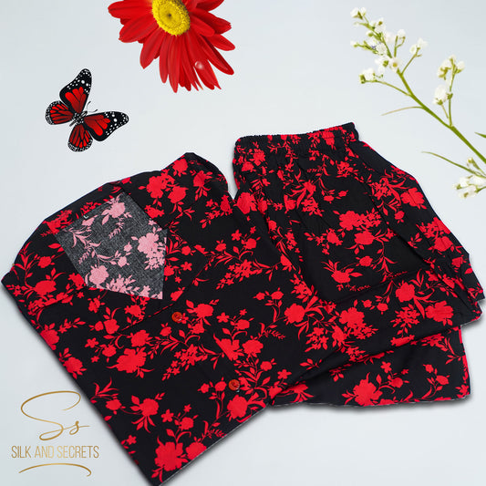 Floral Elegance Black & Red Nightwear Set